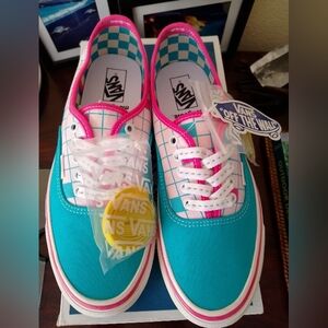 Vans Pink and Blue Checkered Slip-Ons